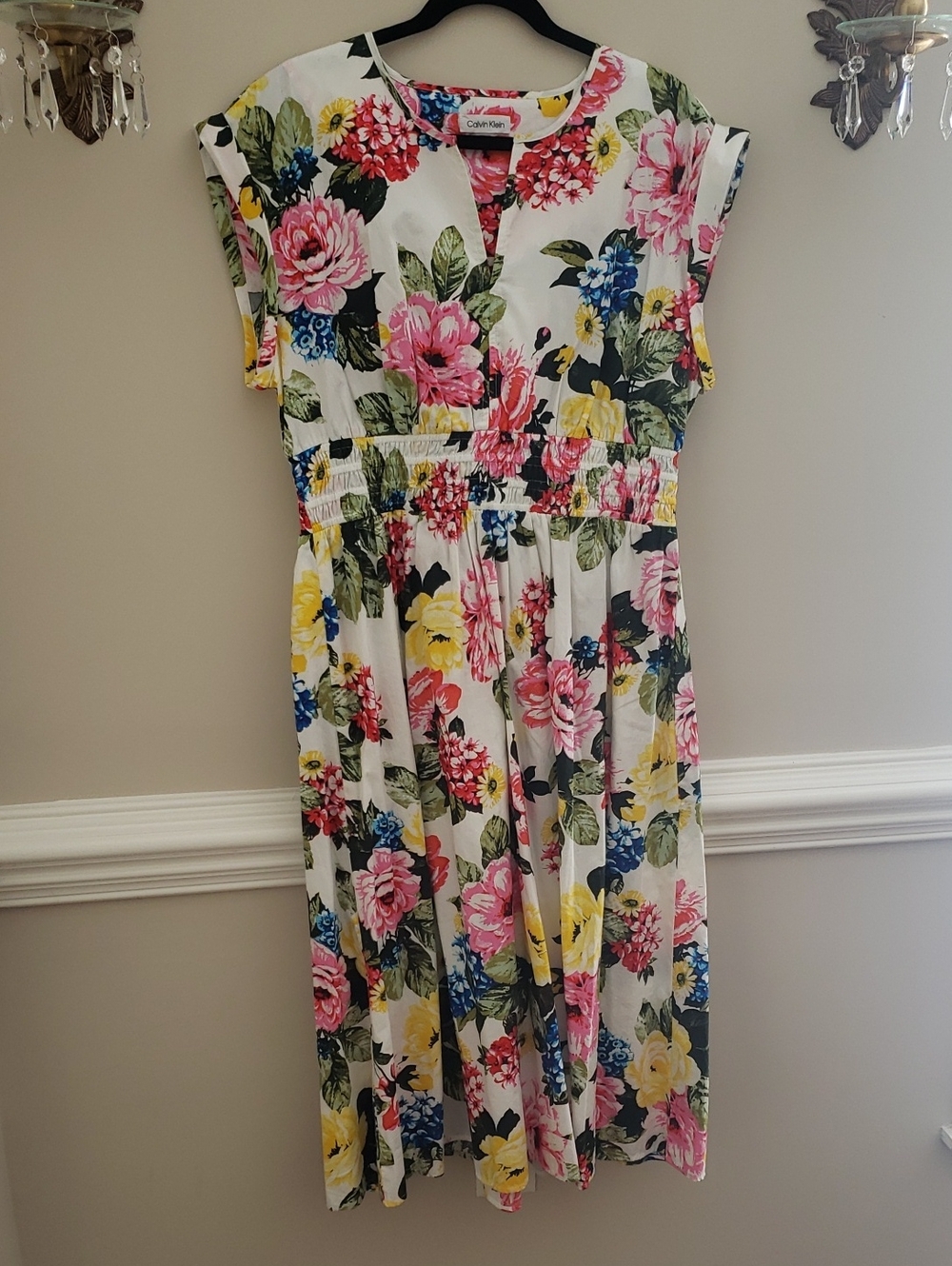 Calvin Klein White Midi Dress with Pink, Yellow & Blue Floral Print